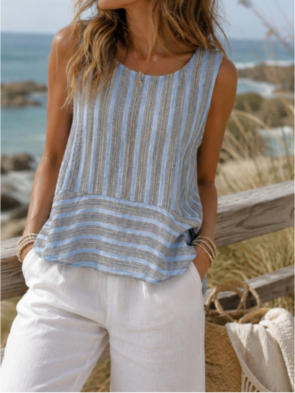 Talbots NWT Blue Woven Linen & Cotton Striped Sleeveless Peplum Top M